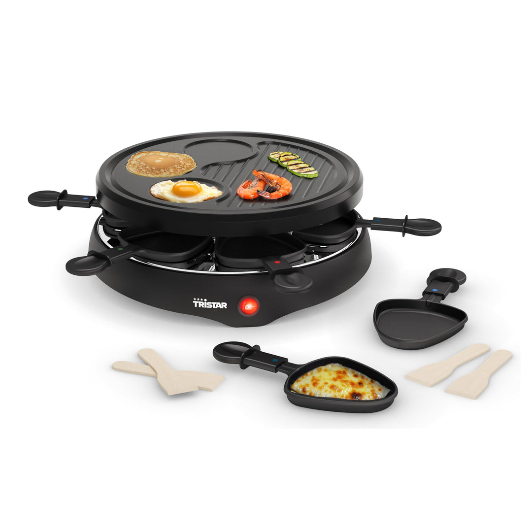Tristar Raclette für bis zu 6 Personen mit 6 Pfännchen und Crêpe-und Grill-Bereich/Durchmesser 29 cm