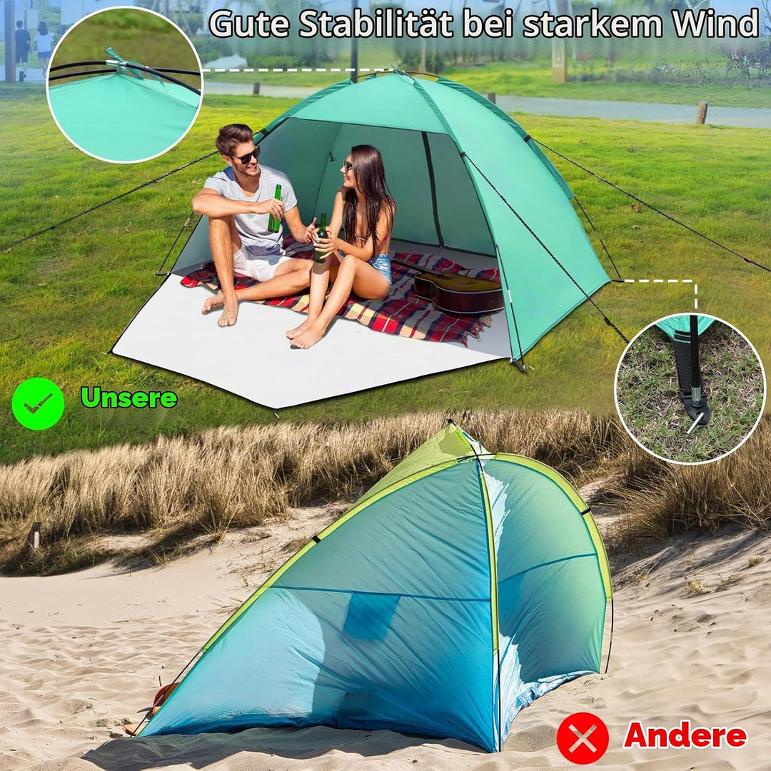 Strandmuschel, UV Schutz 50+ Familie Zelt XXL Strandmuschel Vorder und Hintertür mit Reissverschluss