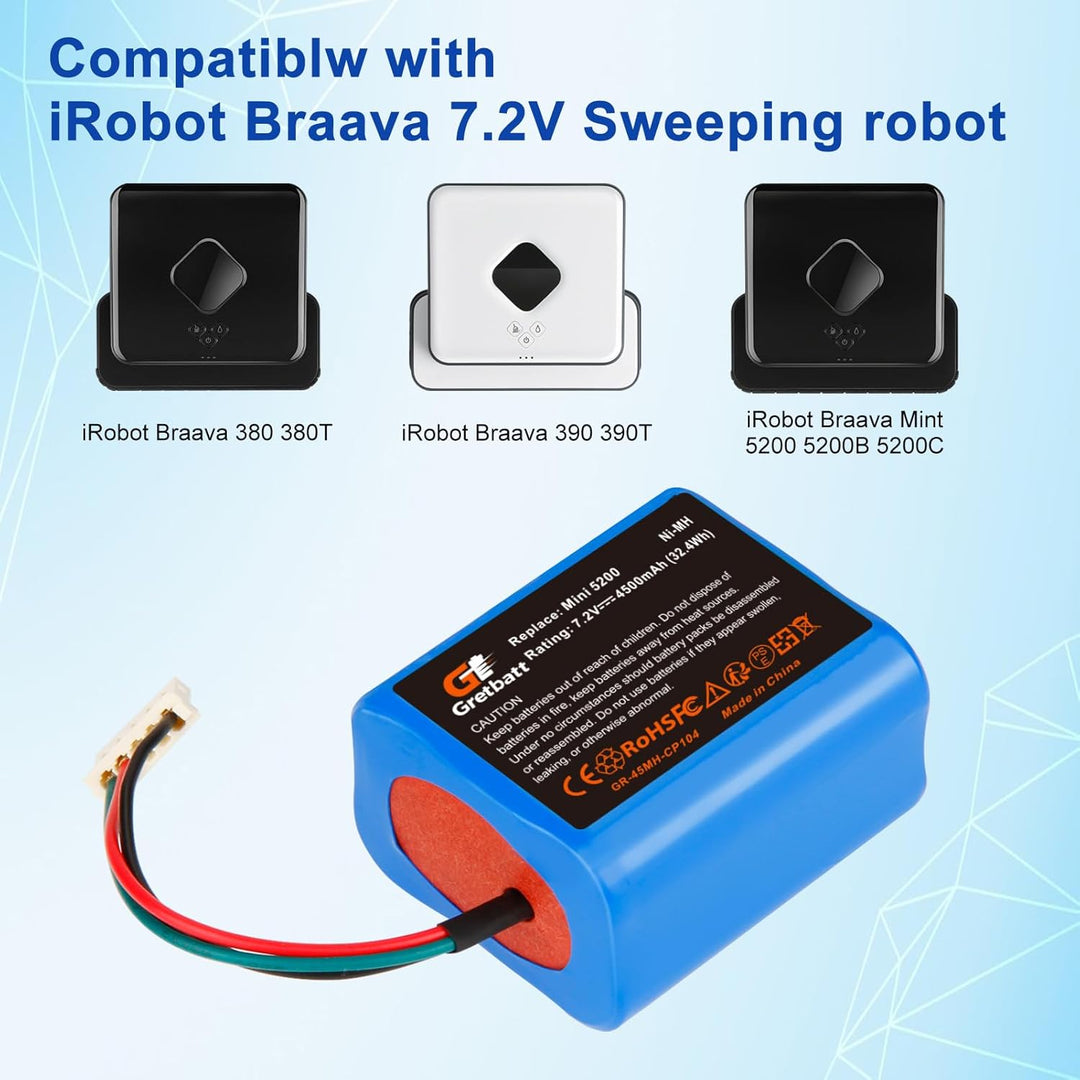 7.2V 4500mAh NI-MH akku wiederaufladbar, Ersatz-akku für IRobot Braava 380, 380T, 390T,Kompatibel mi