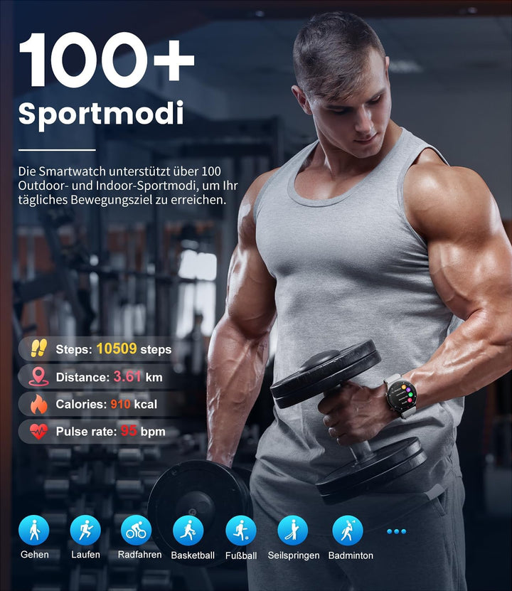 Smartwatch Herren mit Telefonfunktion,1,39 Zoll Smart Watch mit Herzfrequenz Schlafmonitor SpO2 Noti