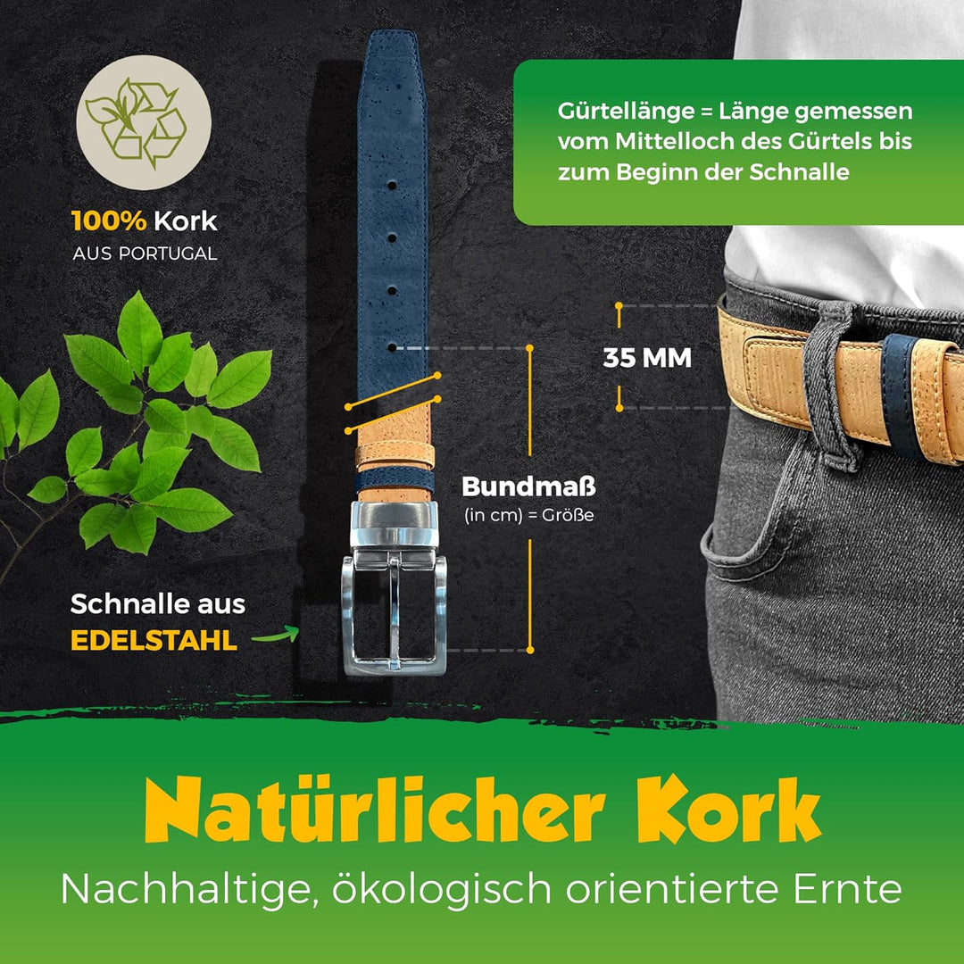 Kork-Gürtel | Wendegürtel aus Kork | Zweifarbig in BEIGE und BLAU | Moderner Naturgürtel mit silbern
