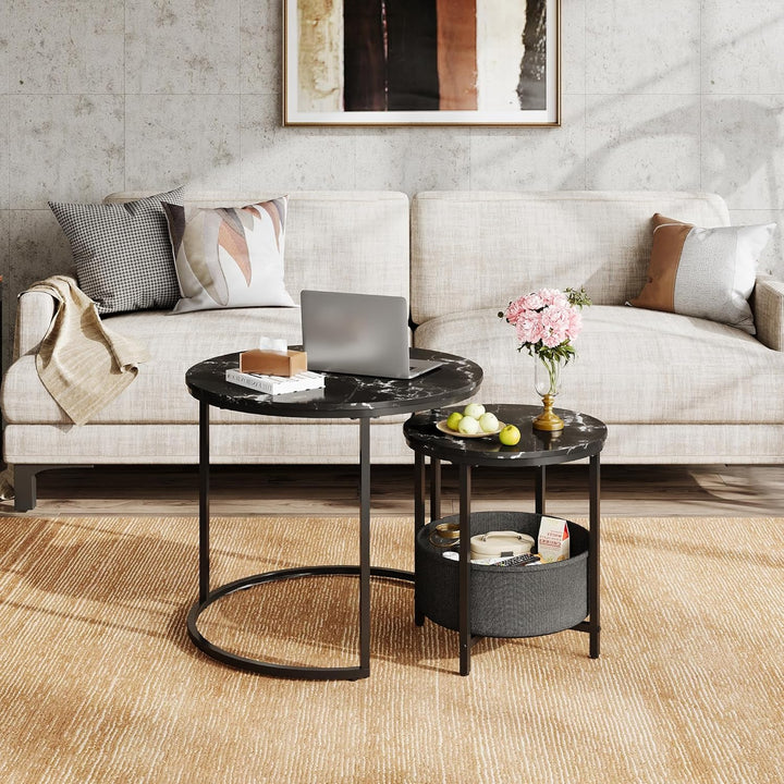WLIVE Couchtisch Rund mit Stauraum, Beistelltisch Set Schwarz mit Metallrahmen, Wohnzimmertisch klei
