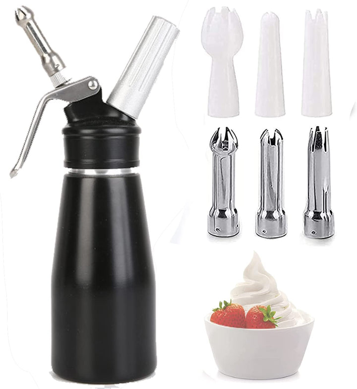Comforty Sahnespender-Edelstahl 250ML,Edelstahl Sahnesyphon mit 6 Dekorations-Düsen und 1 Reinigungs