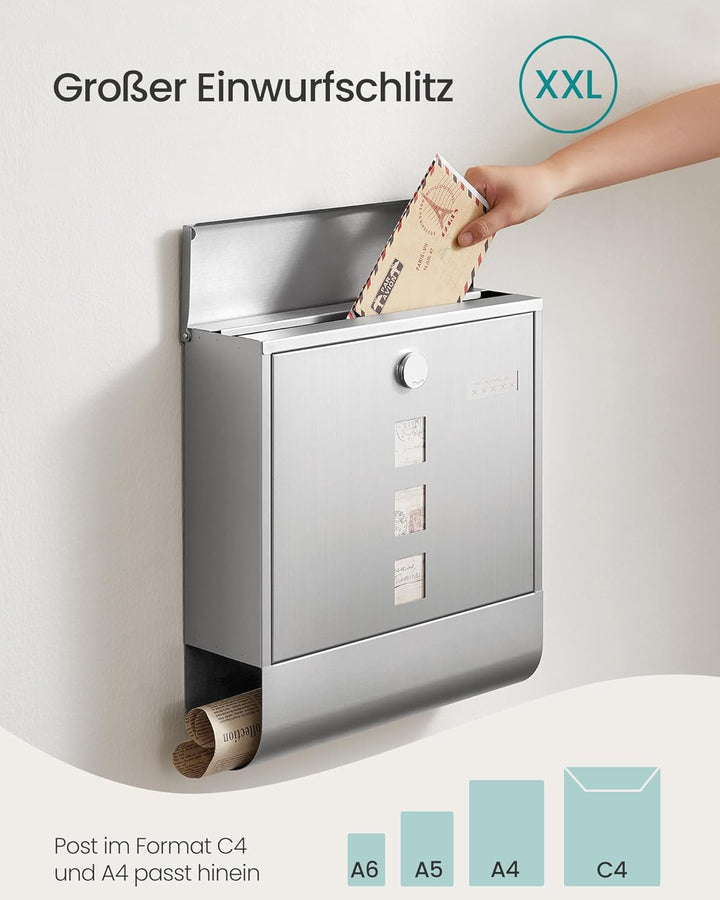 SONGMICS XXL Briefkasten, Edelstahl mit Zeitungsfach, Schloss mit Kupfer-Schliesszylinder und drehba