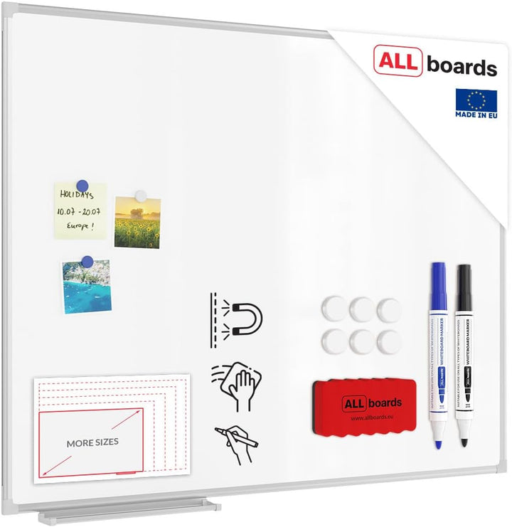 ALLboards Magnetisches Whiteboard 100x80cm Magnettafel mit Aluminiumrahmen und Stifteablage, Weiss M