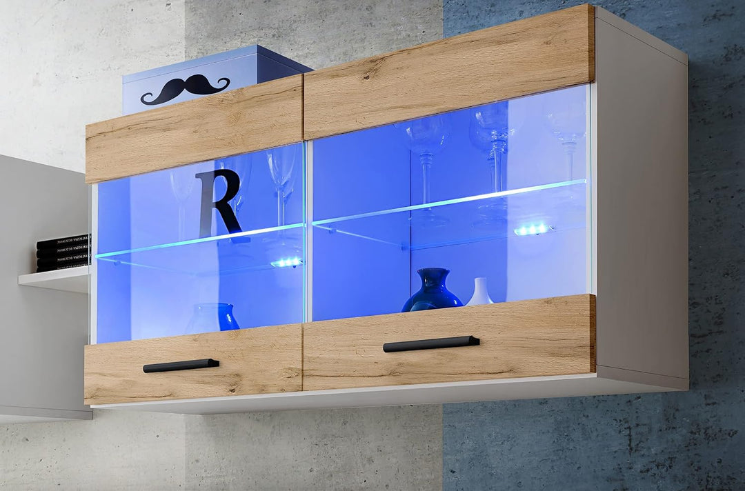 Komodee, Vitrine Schrank Savona, Wotan/Weiss, Breite 100cm x Höhe 50cm x Tiefe 30cm, ohne LED, 2 Gla
