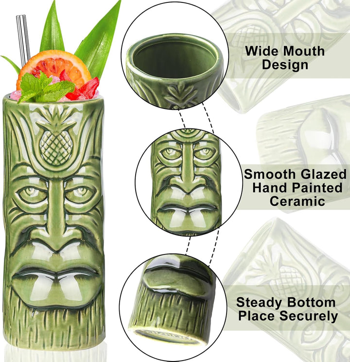 Tiki-Tassen-Set, Hawaii-Party-Becher aus Keramik mit Untersetzer, für Cocktails, hochwertiges Tassen