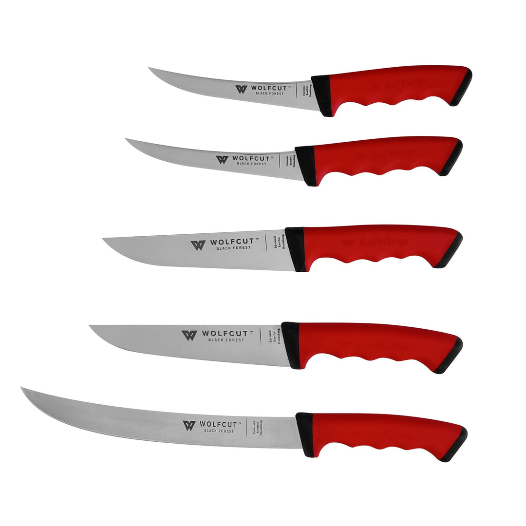 Wolfcut SoftGrip Serie - Metzgermesser-Set 5-tlg. - Ausbeinmesser, Stechmesser, Fleischermesser, Zer