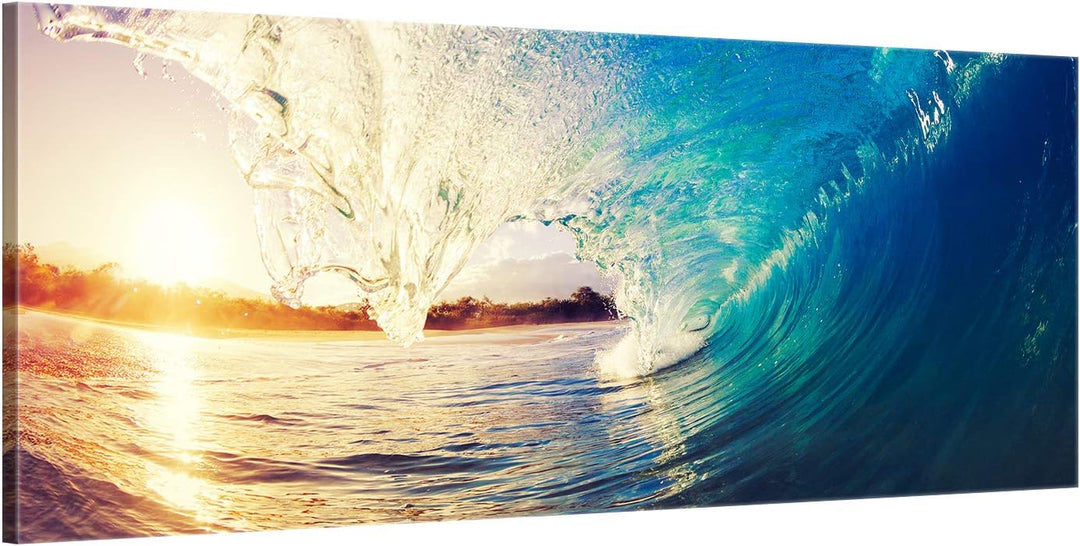 ge Bildet Bild auf Leinwand | the Wave - Welle Surfen Wasser Sonnenuntergang blau gelb orange S in 1