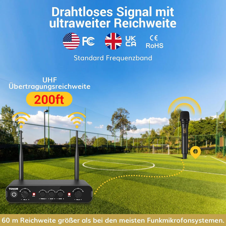TONOR Dual Funkmikrofonen System kabellos, drahtloses Karaoke Mikrofon Set Wireless Microphone Handm
