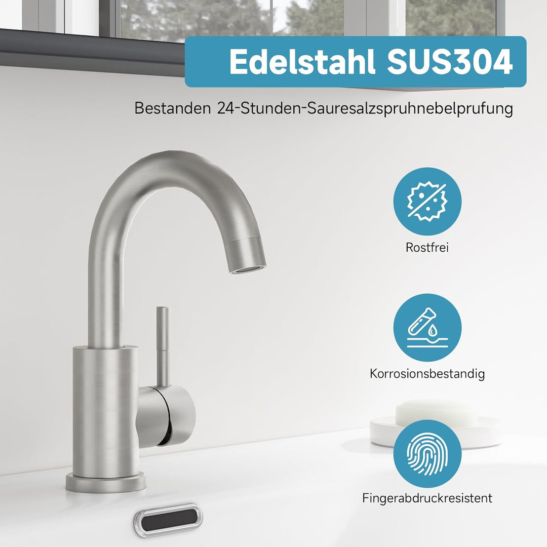 Wasserhahn Bad Gebürstet Nickel, Wasserhahn Küche Edelstahl, 360° Drehbar Waschtischarmatur Hoch, Ei