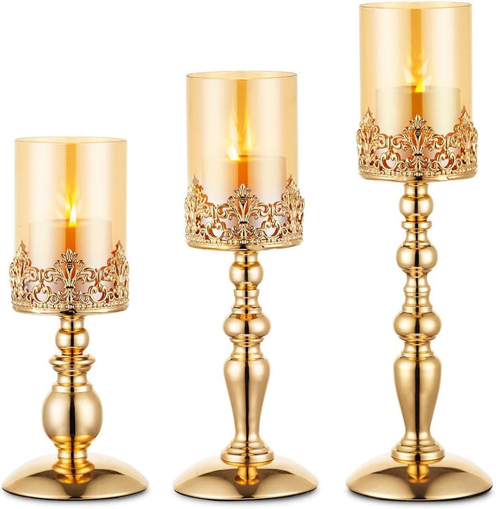 Nuptio Kerzenständer mit Glas für Stumpenkerzen, goldene Windlicht-Kerzenständer als modernes Heimde