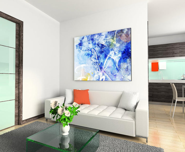 Paul Sinus Art Bild Leinwand 120x80cm Koi in Blautönen mit Kalligraphie, 120x80cm