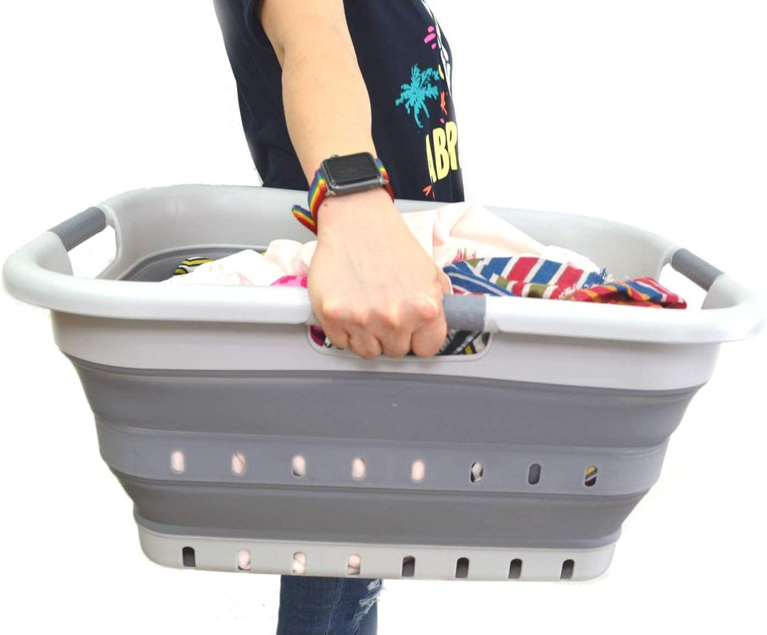 SAMMART 41L Collapsible 3 Handled Plastic Laundry Basket - Foldable Pop Up Storage Basket/Organizer