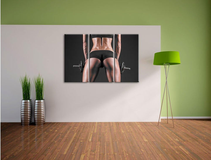 Pixxprint Sexy Frau mit Hanteln B&W Detail als Leinwandbild/Grösse: 3 Teilig (120x80 cm) cm/Wandbild