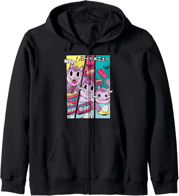 Speisekarte l Lustige Katze isst japanisches Essen Anime Kapuzenjacke