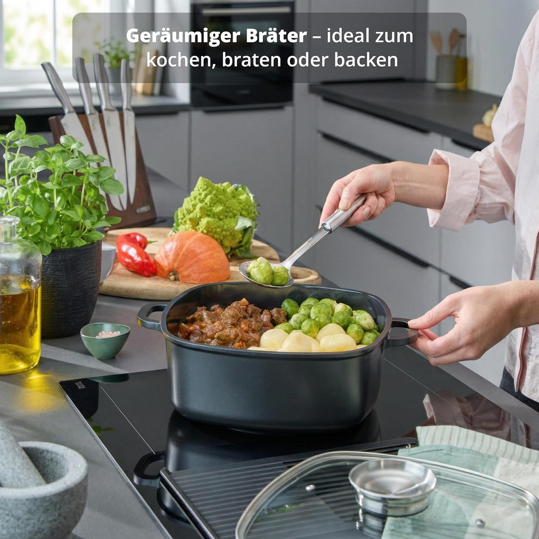 KHG Aluminium Bräter mit Glasdeckel & Aromaknopf 28x28 cm Quadratisch 7,5 L - ILAG Xeradur®5 Antihaf