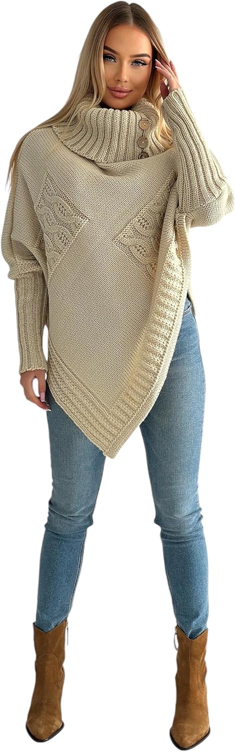 Mississhop Poncho Strick Sweatshirt Pullover Umhang Überwurf Einheitsgrösse Beige, Einheitsgrösse Be