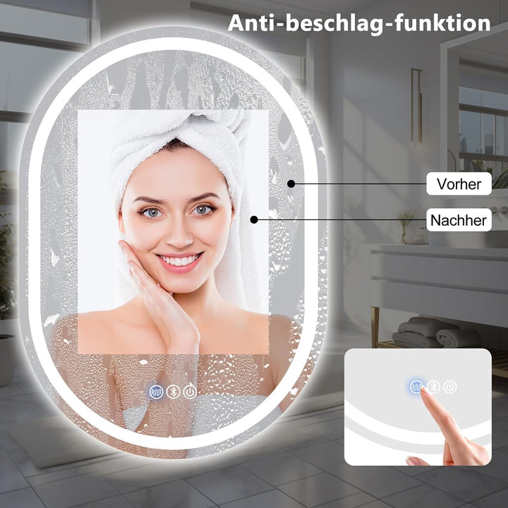 Badspiegel Mit Beleuchtung, 50x70 cm Oval Spiegel mit Beleuchtung mit Bluetooth-Lautsprecher, Badspi