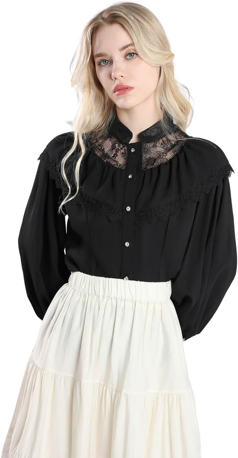 Fiamll Damen Viktorianisch Bluse Vintage Schleifenhemd Stehkragen mit Rüschen Langarmshirt Mittelalt