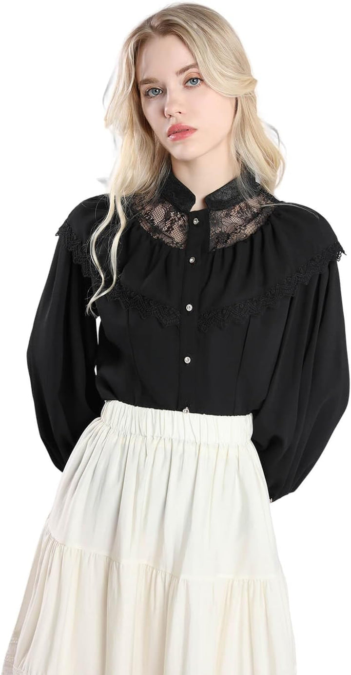 Fiamll Damen Viktorianisch Bluse Vintage Schleifenhemd Stehkragen mit Rüschen Langarmshirt Mittelalt