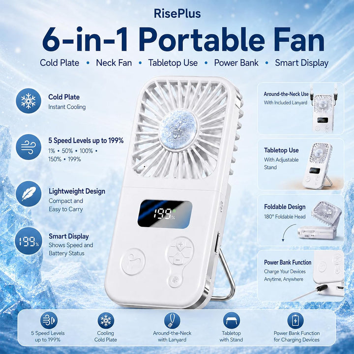 Handventilator mit Kühlplatte, Tragbarer Mini Ventilator Akku mit 5 Windstufen, Digitalanzeige &amp; USB