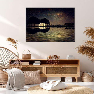 Bilder auf Leinwand 100x70cm Leinwandbild mit Rahmen See Nacht Wasser Gross Wanddeko Bild Schlafzimm