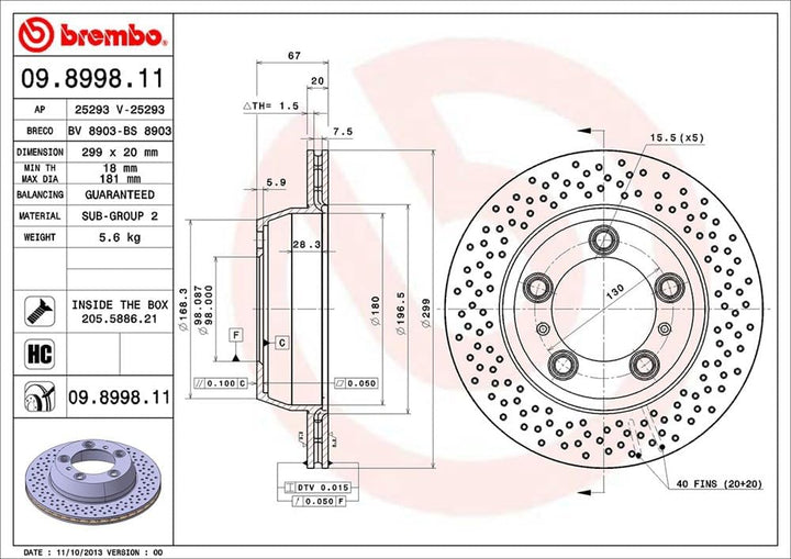 Brembo 09.8998.11 Hintere Bremsscheibe mit UV Lackierung, Anzahl 2