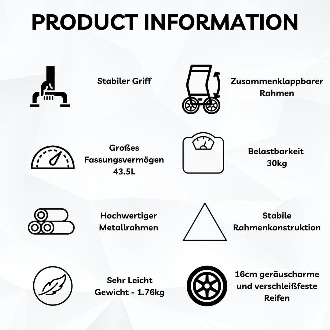 43.5Liter Wasserabweisender Trolley Einkaufstrolley Klappbar, Shopping Trolley, Einkaufswagen Faltba