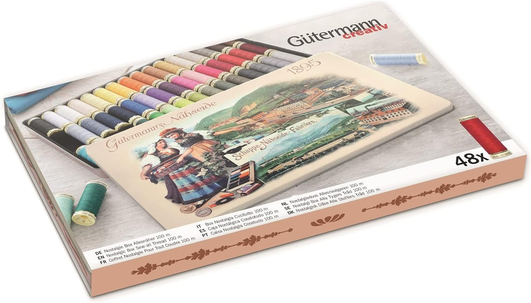 Gütermann creativ Nostalgie-Box mit 48 Spulen Allesnäher 100 m in verschiedenen Farben Mehrfabig 48