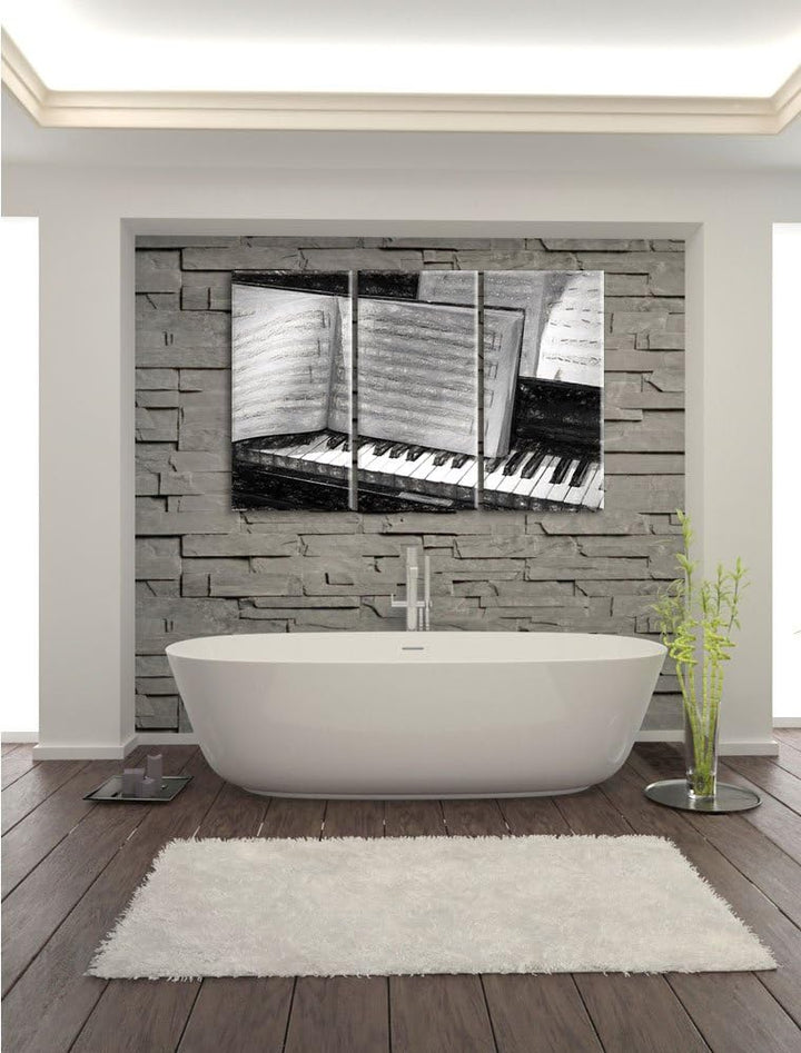 Pixxprint Klavier und Notenblätter als Leinwandbild | Grösse: 3 Teilig (120x80) | Wandbild| Kunstdru