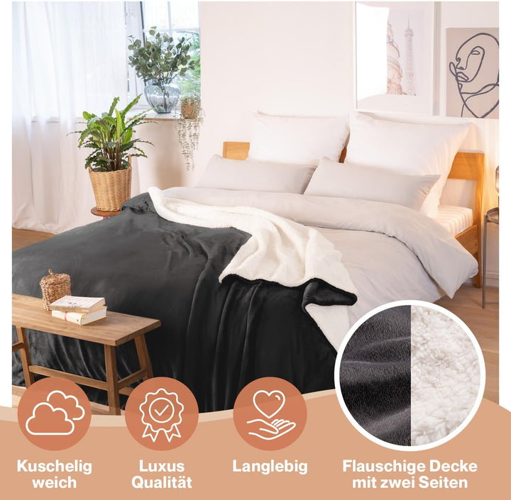 Blumtal Premium Sherpa Kuscheldecke 230 x 270 cm - warme Decke Oeko-TEX® zertifizierte Dicke Sofadec