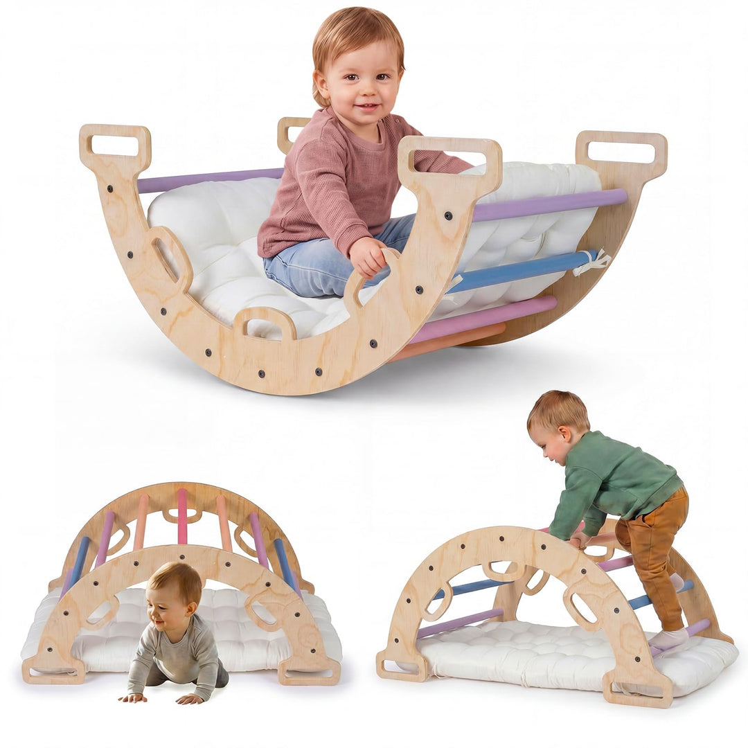 COSTWAY Kletterbogen Holz mit Kissen, Montessori Kletterwippe, Kletterdreieck zum Wippen, Klettern u