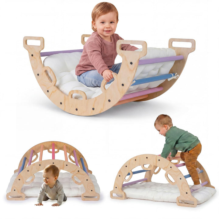 COSTWAY Kletterbogen Holz mit Kissen, Montessori Kletterwippe, Kletterdreieck zum Wippen, Klettern u
