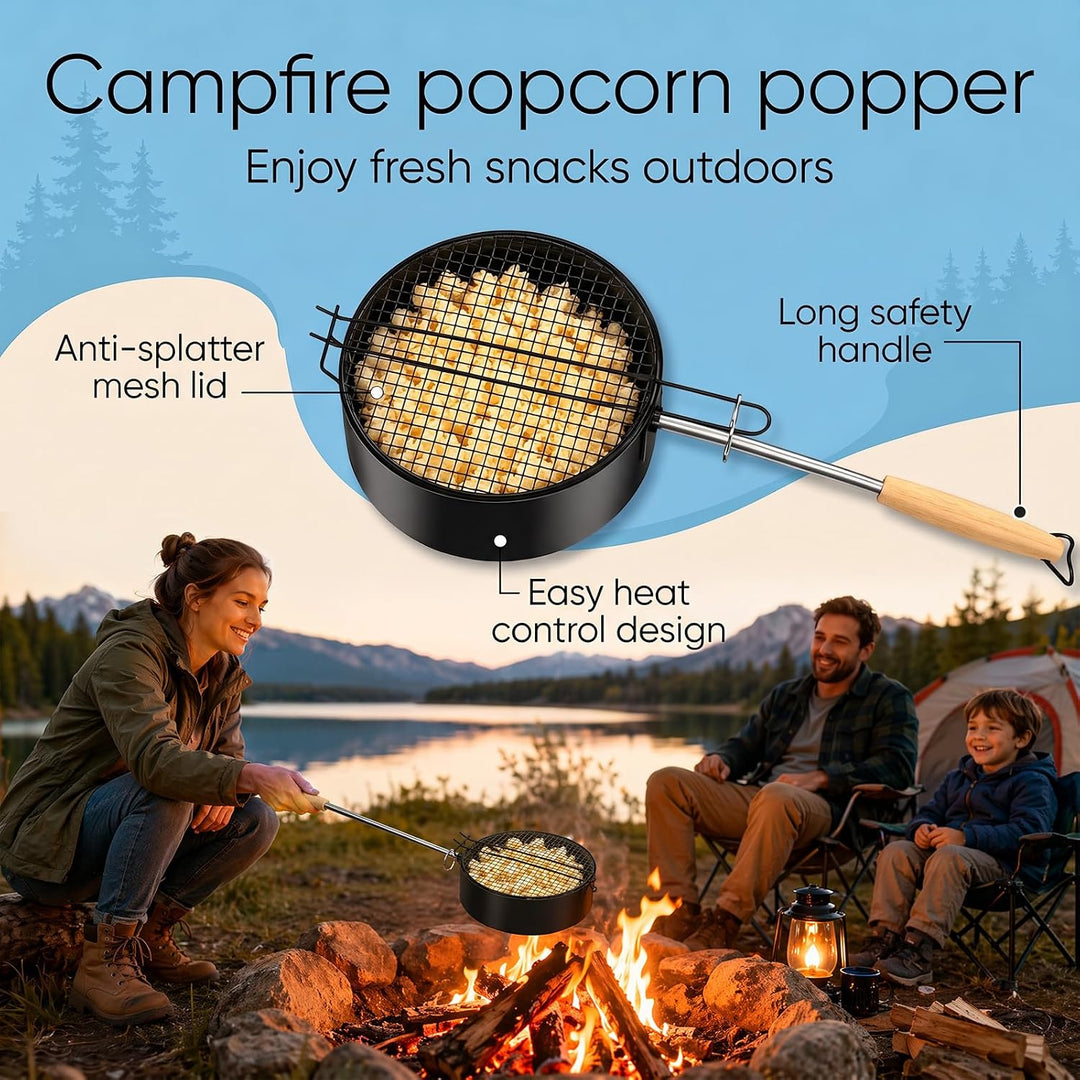 Popcorn Maker Kohlenstoffstahl Antihaft Popcornpfanne mit Hitzebeständigem Griff, Robuste Camping Po