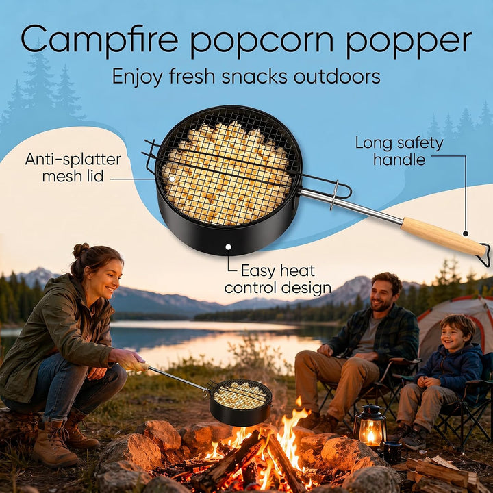 Popcorn Maker Kohlenstoffstahl Antihaft Popcornpfanne mit Hitzebeständigem Griff, Robuste Camping Po