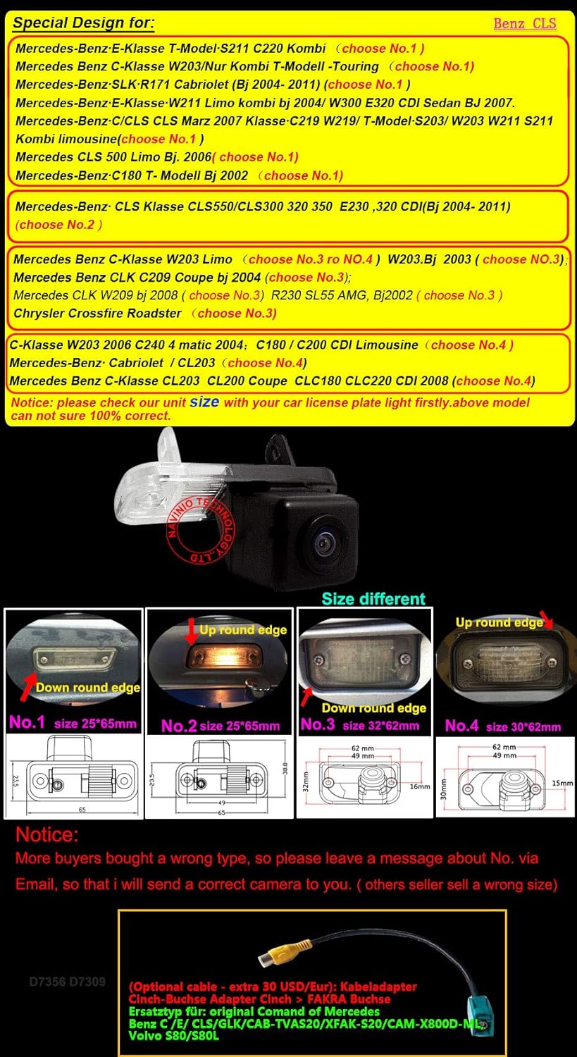 Navinio 170 Grad Auto Kamera Rückfahrkamera Einparkkamera Wasserdicht für C/E/CLS/CLK/SLK/SL Klasse