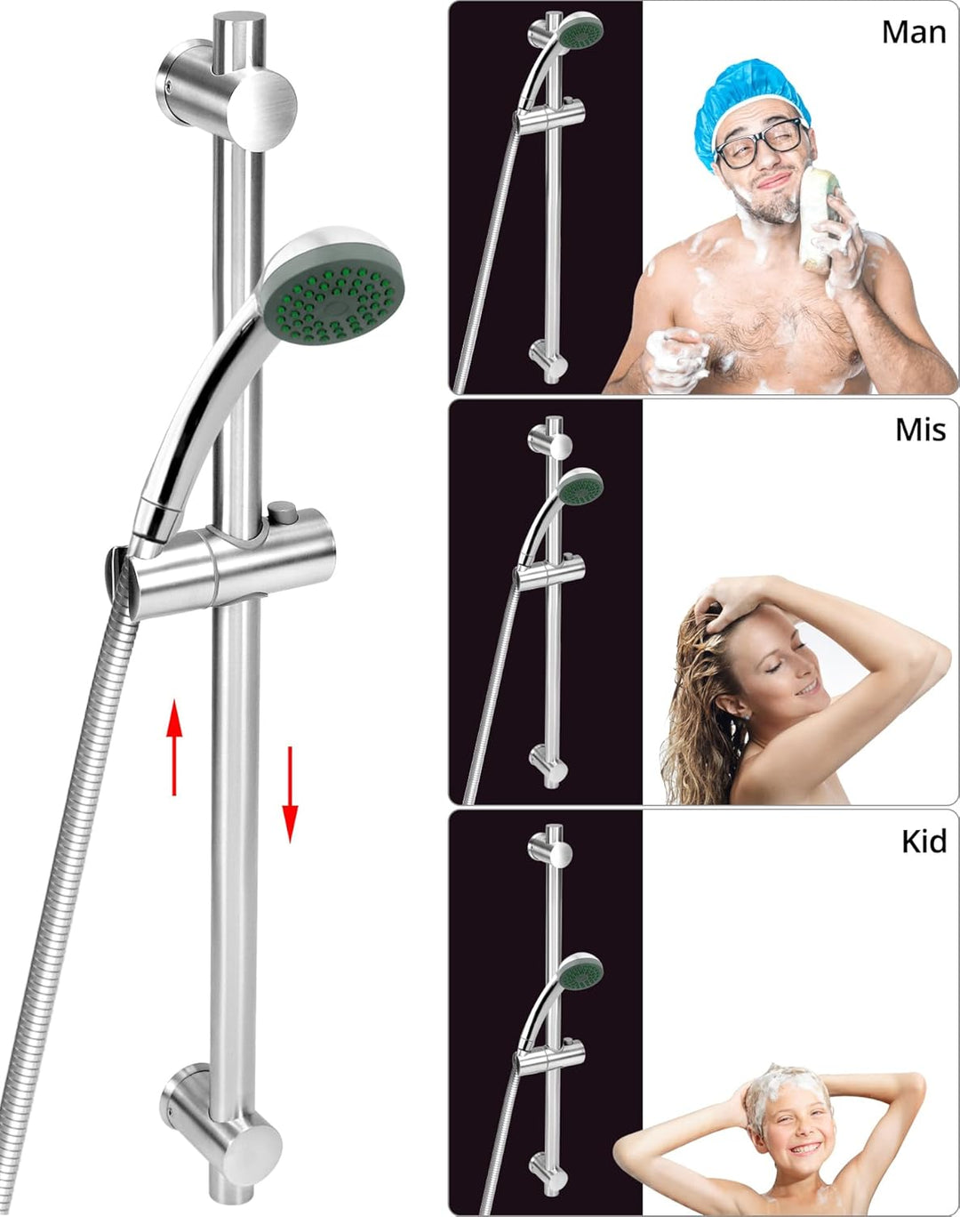 QWORK® 66cm Duschstange mit Flexibler Duschkopfhalterung - Edelstahl SUS 304 - Gebürstetes Finish -