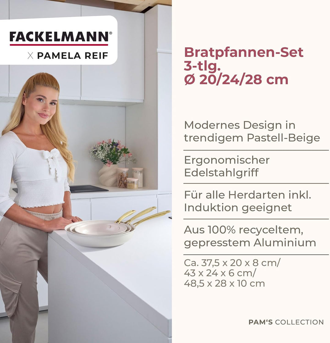 FACKELMANN x Pamela Reif Bratpfannen-Set 3-tlg Ø 20-24-28 cm – aus recyceltem Aluminium, Pastell-Bei