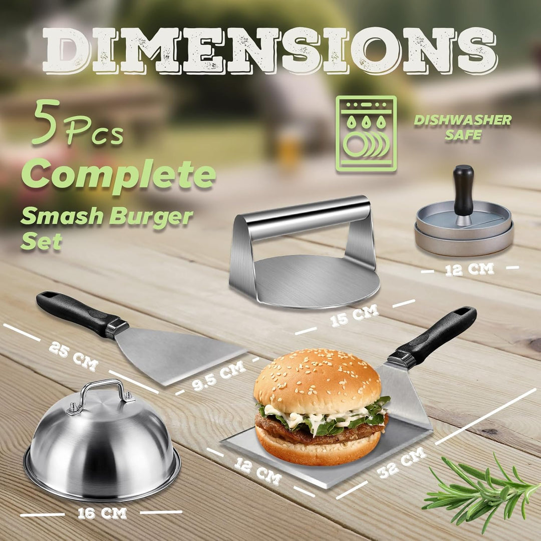 Smash Burger Set 5-TLG, Grillspachtel Set aus Edelstahl für Grillplatte Teppanyaki, Plancha Grill Zu
