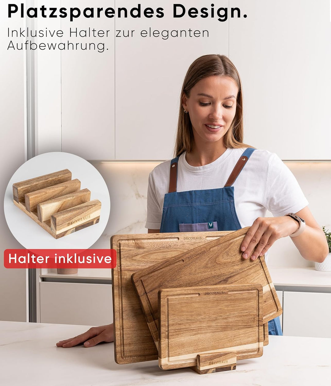 Deco haus Schneidebrett Holz 3er Set aus Robustem Akazie [2cm DICKE] - Schneidebretter mit Saftrille