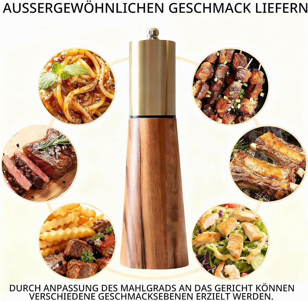 Salz und Pfeffermühlen Set aus Holz mit Sockel manuelle Pfeffermühlen Verstellbarer Keramikkern, Aka
