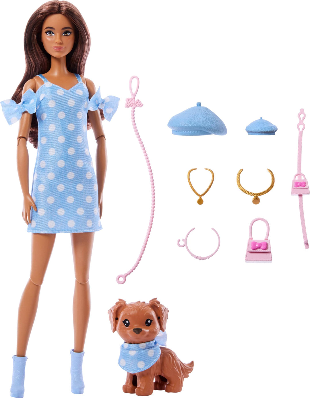 Barbie Twinning Looks Puppe mit Hündchen im Partnerlook mit blauen Pünktchen-Outfits und Accessoires