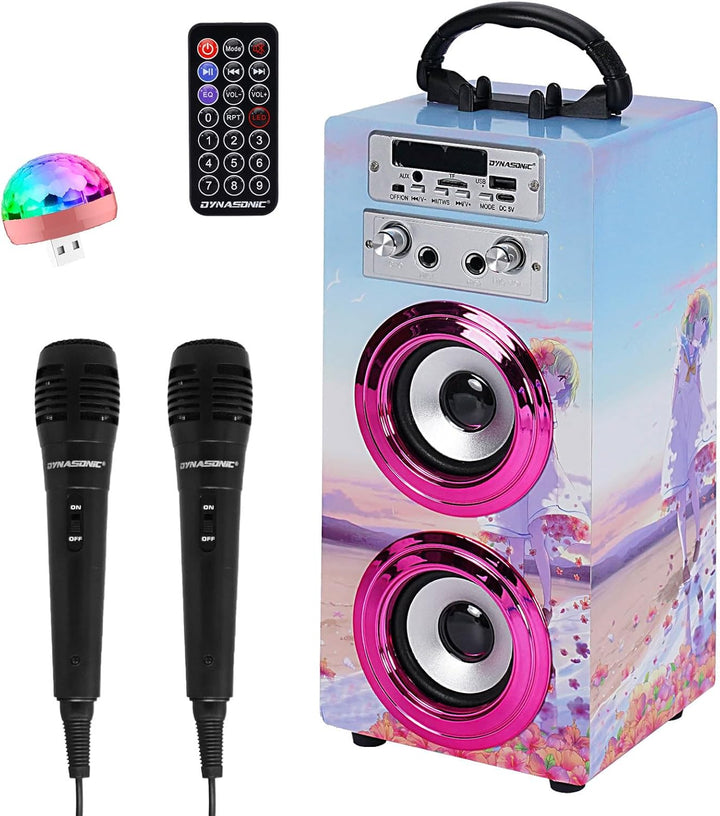 DYNASONIC Karaoke mit 2 Mikrofonen, tragbarer Karaoke-Maschine, Bluetooth-Lautsprecher, USB- und SD-