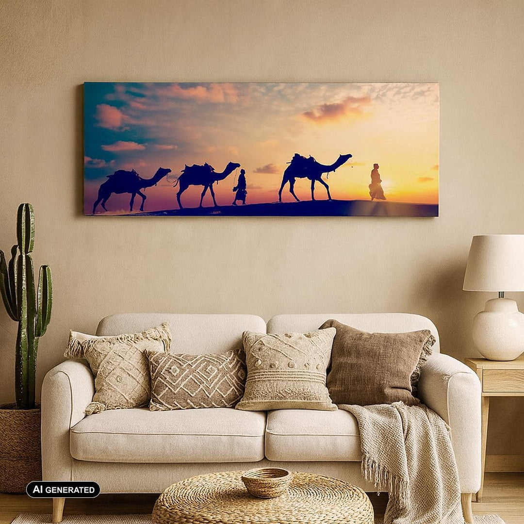 Panorama Bilder auf Leinwand Kamel Wohnwagen Leinwandbild mit Rahmen 90x30cm Wandbilder Dekoration W