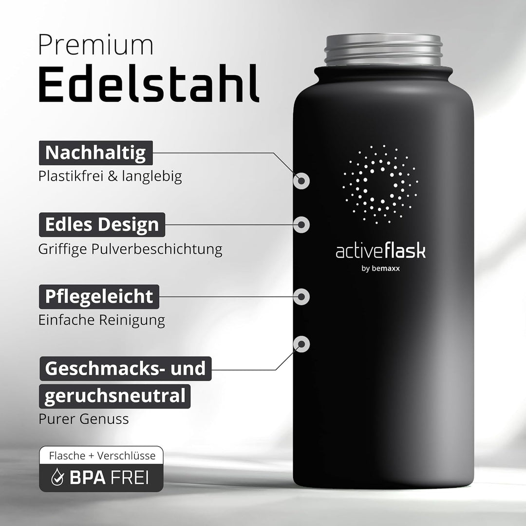 Trinkflasche Edelstahl ACTIVE FLASK + Strohhalm (3 Deckel) BPA-frei, Auslaufsicher, Kohlensäure geei