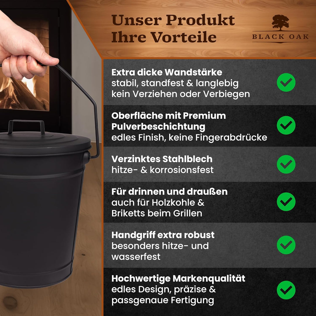 BLACK OAK Ascheeimer ETNA 14L – Set Schaufel Besen &amp; Lederhandschuh schwarz | - gross 14 Liter - Sta