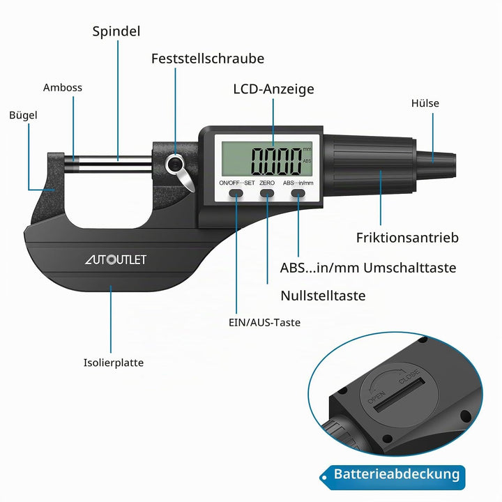 AUTOUTLET Micrometer Digitale Bügelmessschraube 0-25mm/ 0.001mm, Hohe Präzision LCD Digitale Mikrome