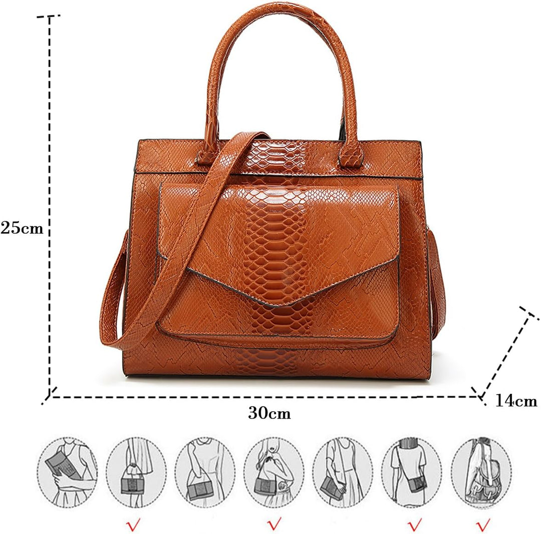Damen Henkeltasche mit Schulterriemen aus PU-Lackleder Schlange Textur Schultertasche Umhängetasche