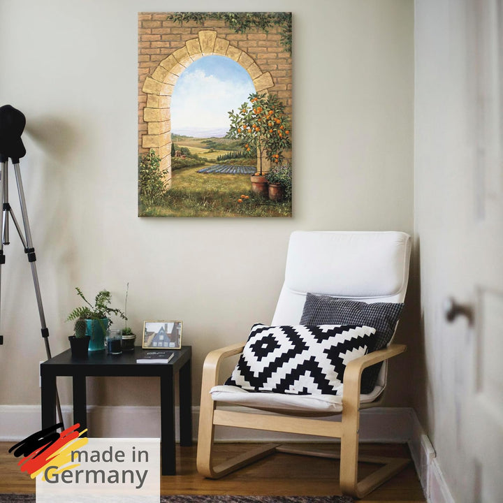 Artland Leinwandbild Wandbild Bild auf Leinwand 60x80 cm Wanddeko Fensterblick Toskana Landschaft It